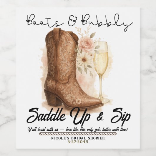 Boots & Bubbly Country Western Boot Vrijgezellenfe Wijn Etiket (Enkel label)