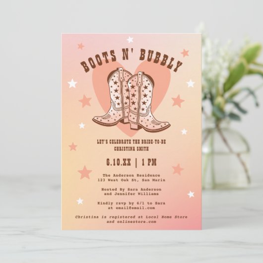 Boots & Bubbly Cowgirl Western Perzik Vrijgezellen Kaart (Staand voorkant)