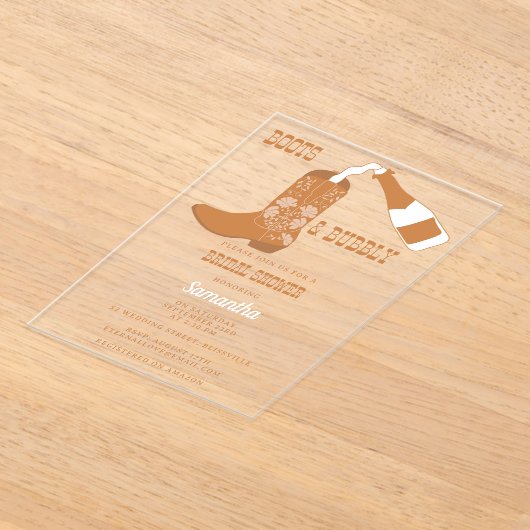 Boots Bubbly Rustic Western Country Vrijgezellenfe Acryl Uitnodigingen (Laagn)