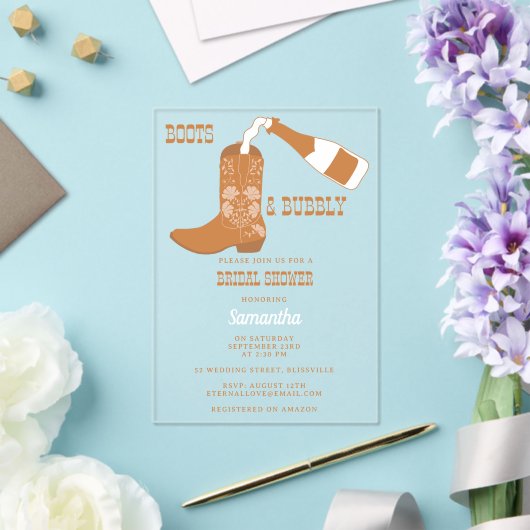 Boots Bubbly Rustic Western Country Vrijgezellenfe Acryl Uitnodigingen (Insitu (Huwelijk))