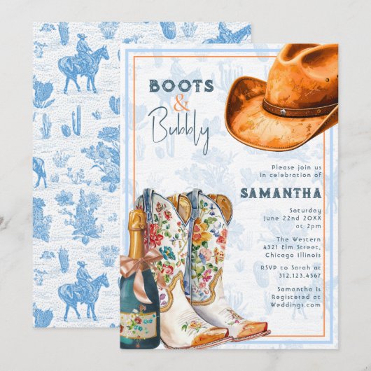 Boots & Bubbly Westerse Toile Bruidsdouche Kaart (Voorkant / Achterkant)