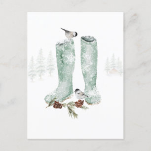 Boots & Chickadees Snewing Winter Woodland Scene Briefkaart