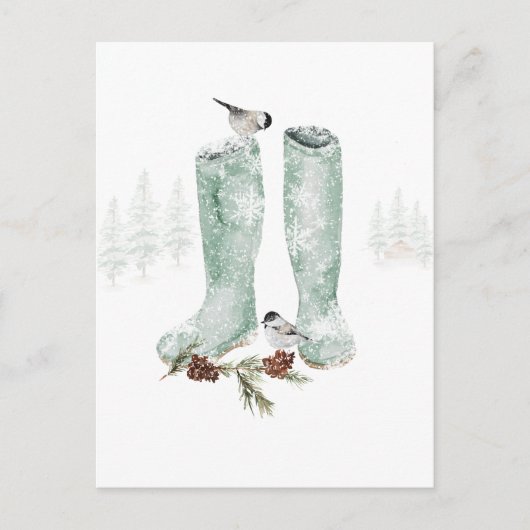 Boots & Chickadees Snewing Winter Woodland Scene Briefkaart (Voorkant)