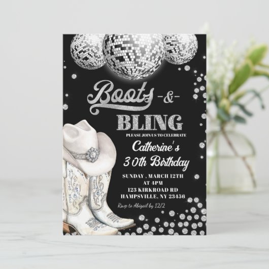 Boots en Bling Silver verjaardagsfeestje Kaart (Staand voorkant)