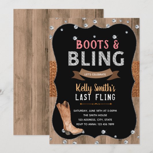 Boots- en bling-thema-uitnodiging kaart (Voorkant / Achterkant)