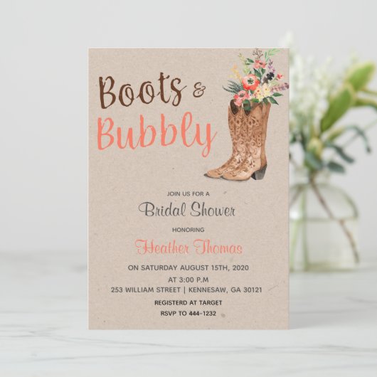 Boots en Bubble Western Bridal Shower Invitation Kaart (Staand voorkant)
