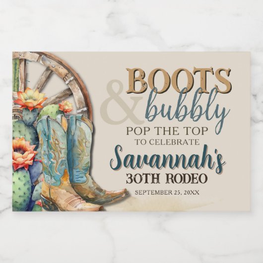 Boots en Bubbly Cactus Cowgirl Westerne verjaardag Sparkling Wijnetiket (Enkel label)
