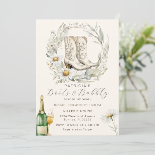 Boots en Bubbly Floral Cowgirl Vrijgezellenfeest Kaart (Staand voorkant)