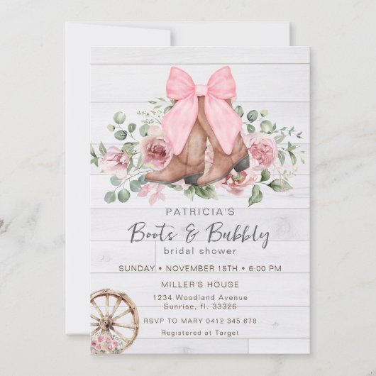 Boots en Bubbly Pink Bow Cowgirl Vrijgezellenfeest Kaart (Voorkant)