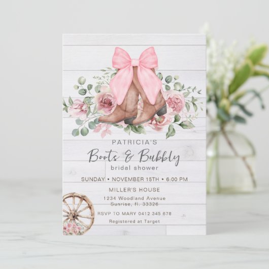 Boots en Bubbly Pink Bow Cowgirl Vrijgezellenfeest Kaart (Staand voorkant)