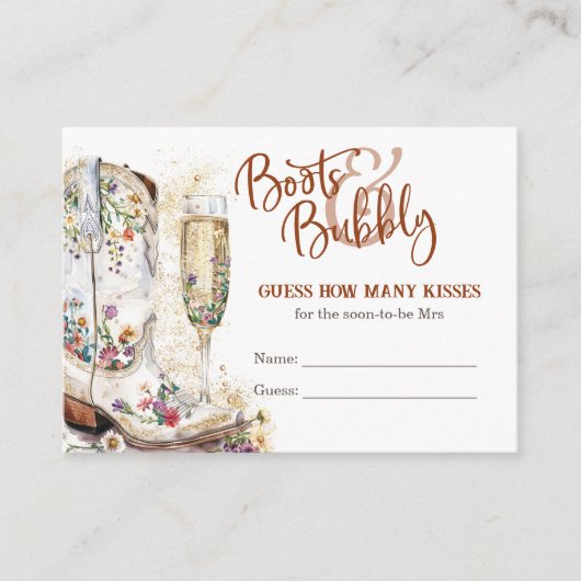 Boots en Bubbly Vrijgezellenfeest Raad hoeveel kus Informatiekaartje (Voorkant)