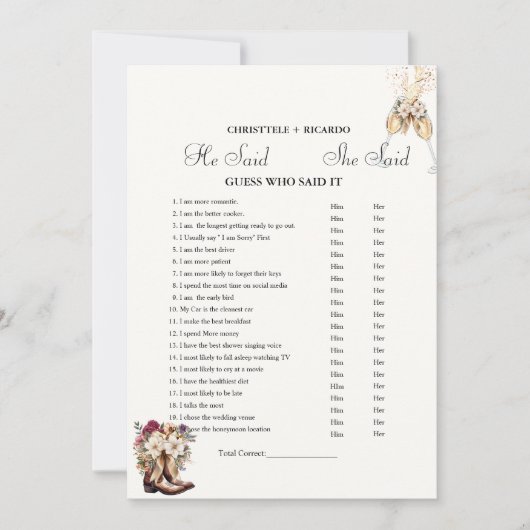 Boots Hij zei dat ze Vrijgezellenfeest spelkaart z Aankondiging (Voorkant)