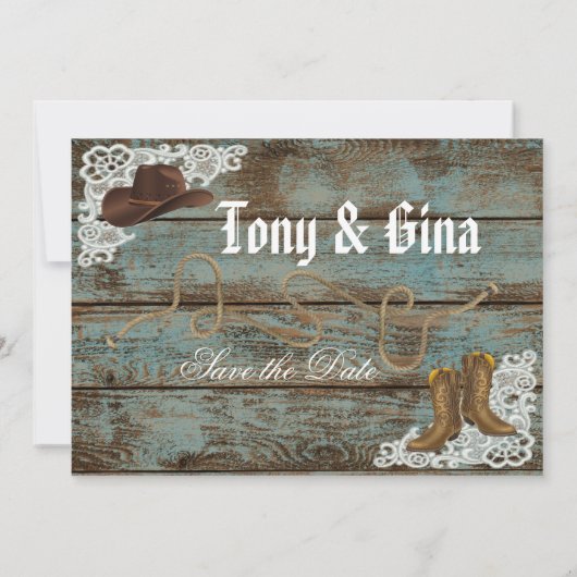 Boots & Lace Distressed Wood Bewaar de datum Save The Date (Achterkant)