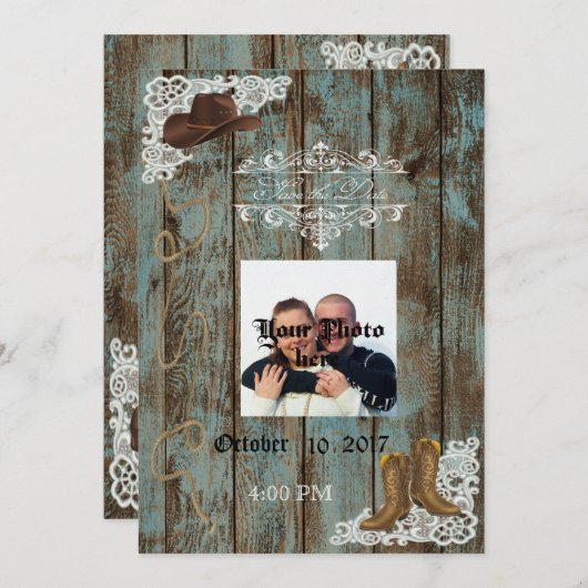 Boots & Lace Distressed Wood Bewaar de datum Save The Date (Voorkant / Achterkant)