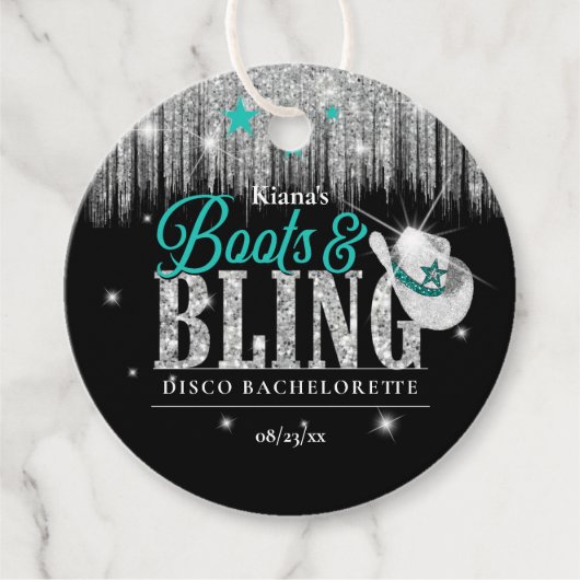 Boots 'n Bling Disco Bachelorette Blauwgroen ID925 Bedankjes Labels (Voorkant)