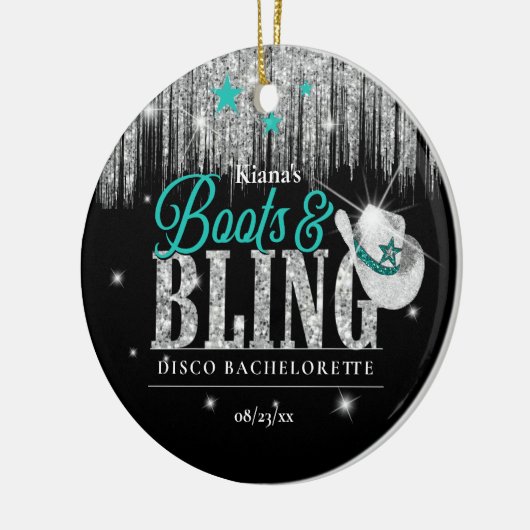 Boots 'n Bling Disco Bachelorette Blauwgroen ID925 Keramisch Ornament (Links)