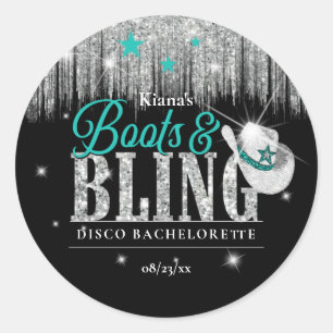 Boots 'n Bling Disco Bachelorette Blauwgroen ID925 Ronde Sticker