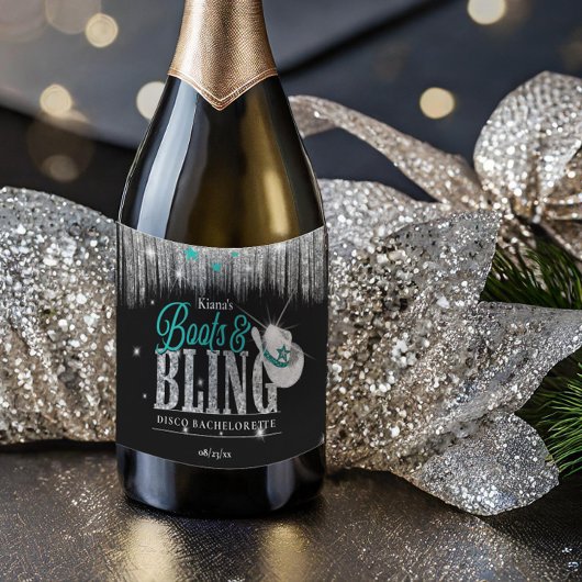 Boots 'n Bling Disco Bachelorette Blauwgroen ID925 Sparkling Wijnetiket