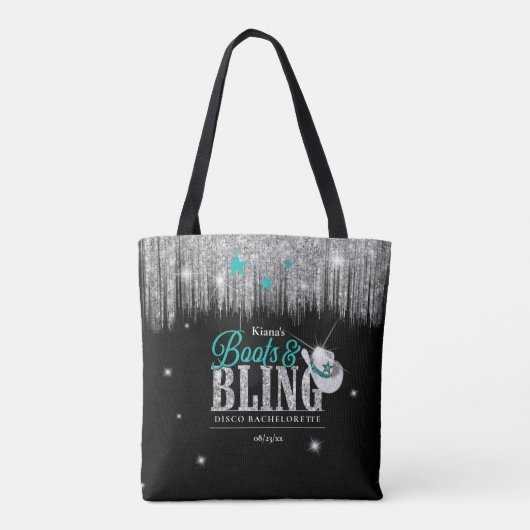 Boots 'n Bling Disco Bachelorette Blauwgroen ID925 Tote Bag (Achterkant)