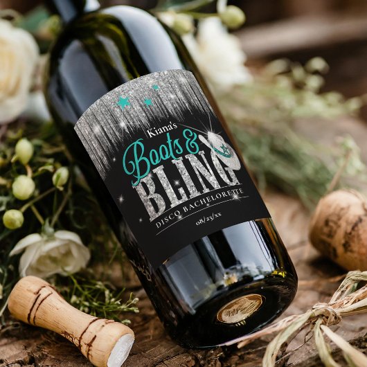 Boots 'n Bling Disco Bachelorette Blauwgroen ID925 Wijn Etiket