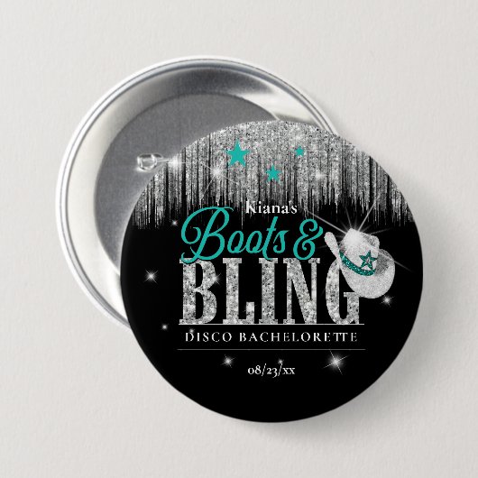 Boots 'n Bling Disco Bachelorette Teal ID925 Ronde Button 7,6 Cm (Voorkant /achterkant)