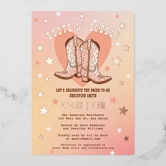 Boots N' Bubbly Fun Sparkly Western Vrijgezellenfe Folie Uitnodiging (Voorkant)