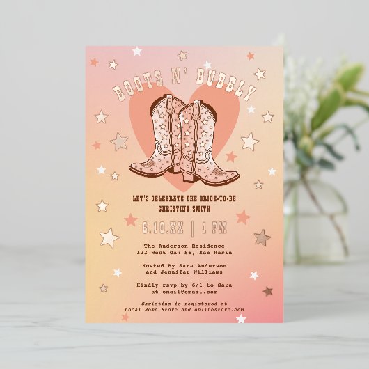 Boots N' Bubbly Fun Sparkly Western Vrijgezellenfe Folie Uitnodiging (Staand Voorkant)