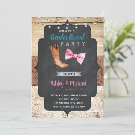 Boots of boeggender onthullen doucheuitnodiging kaart (Staand voorkant)