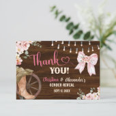 Boots of bows bedankkaart van rustiek hout met blo (Staand voorkant)