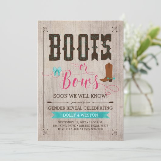 Boots of Bows Genderonthulling Uitnodigingen (Staand voorkant)