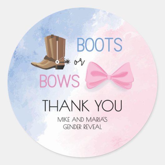Boots of Bows geslacht onthulling feest stickers (Voorkant)