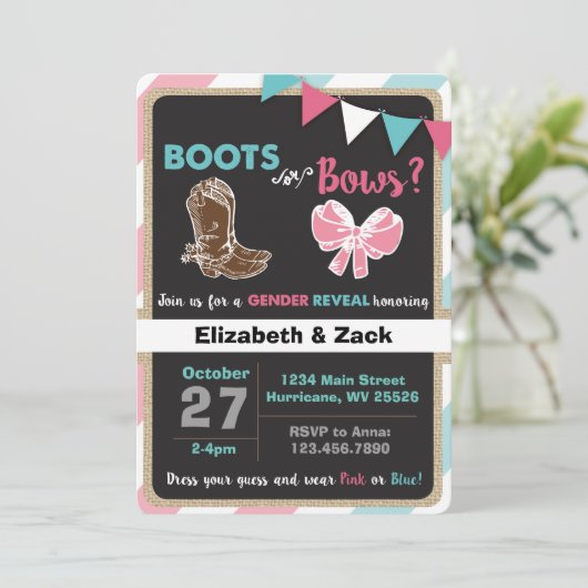 Boots of Bows Geslacht Onthulling Uitnodiging (Staand voorkant)