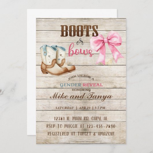 Boots of Bows onthullen genderuitnodiging, uitnodi Kaart (Voorkant / Achterkant)