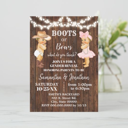 Boots of Bows Rustige Country Gender onthullen Kaart (Staand voorkant)