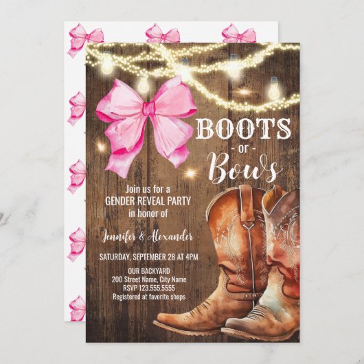 Boots or Bows Gender Release Party Invitation Kaart (Voorkant / Achterkant)