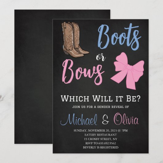 Boots or Bows Gender Reopenbaart het Baby shower v Kaart (Voorkant / Achterkant)