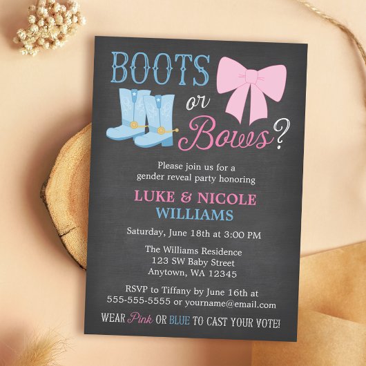 Boots or Bows Gender Reopenbaart het Baby shower v Kaart