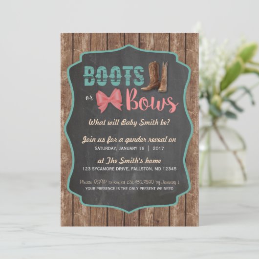 Boots or Bows Gender Reopenbaart Uitnodiging (Staand voorkant)