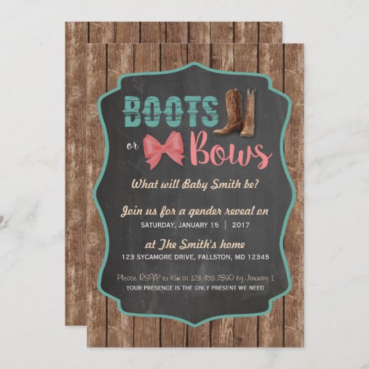Boots or Bows Gender Reopenbaart Uitnodiging (Voorkant / Achterkant)