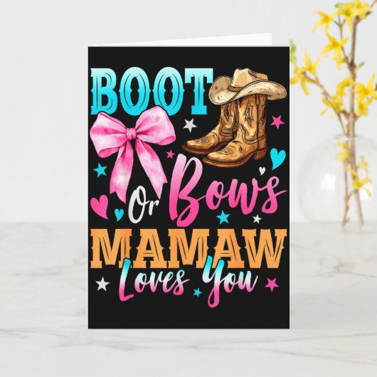 Boots Or Bows Mamaw Loves You Gender Reveal Family Kaart (Gele Bloem)