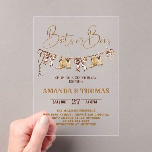 Boots or Bows Western Gender Reveal Acryl Uitnodigingen (Insitu (Draagbaar))