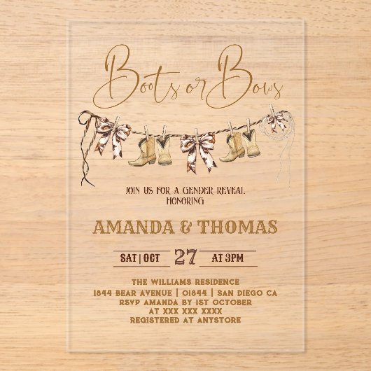 Boots or Bows Western Gender Reveal Acryl Uitnodigingen (Voorkant)
