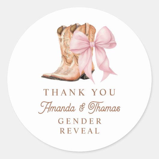 Boots or Bows Western Gender Reveal Ronde Sticker (Voorkant)
