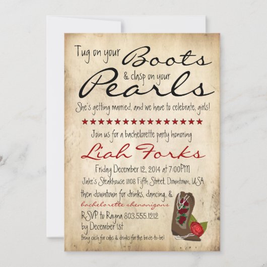 Boots & Pearls Bachelorette Party Invitation Kaart (Voorkant)