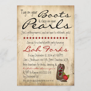 Boots & Pearls Bachelorette Party Invitation Kaart