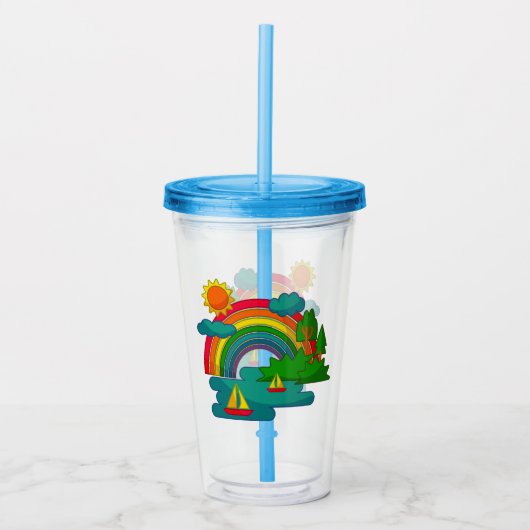 Boottochtlandschap onder de zon, wolken en regenbo acryl drinkbeker (Voorkant)