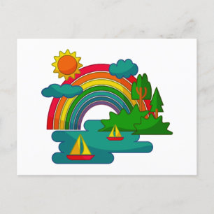 Boottochtlandschap onder de zon, wolken en regenbo briefkaart