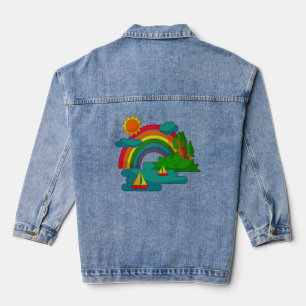 Boottochtlandschap onder de zon, wolken en regenbo denim jacket