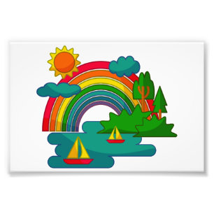 Boottochtlandschap onder de zon, wolken en regenbo foto afdruk