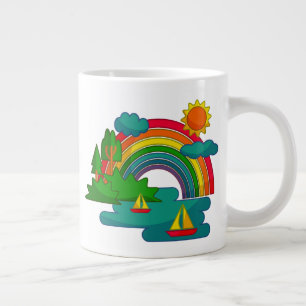 Boottochtlandschap onder de zon, wolken en regenbo grote koffiekop